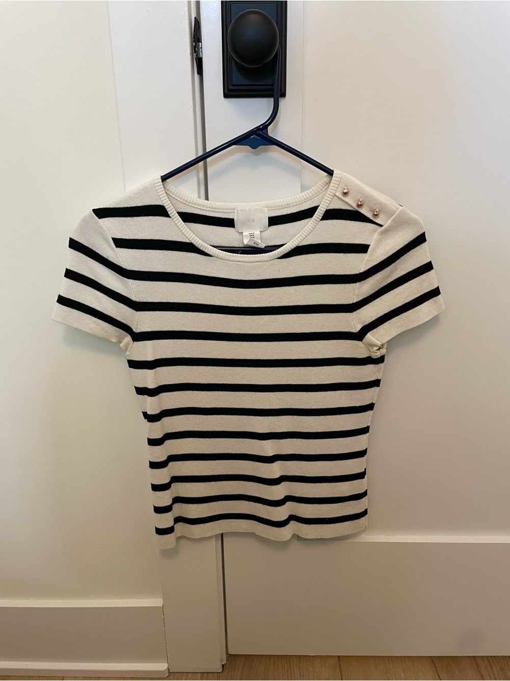 H&M Black & Cream Striped Short Sleeve Top with Shoulder Buttons